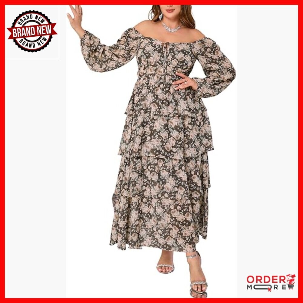 Plus Size Floral Tiered Ruffle Long Sleeve Maxi Dress Wedding Guest